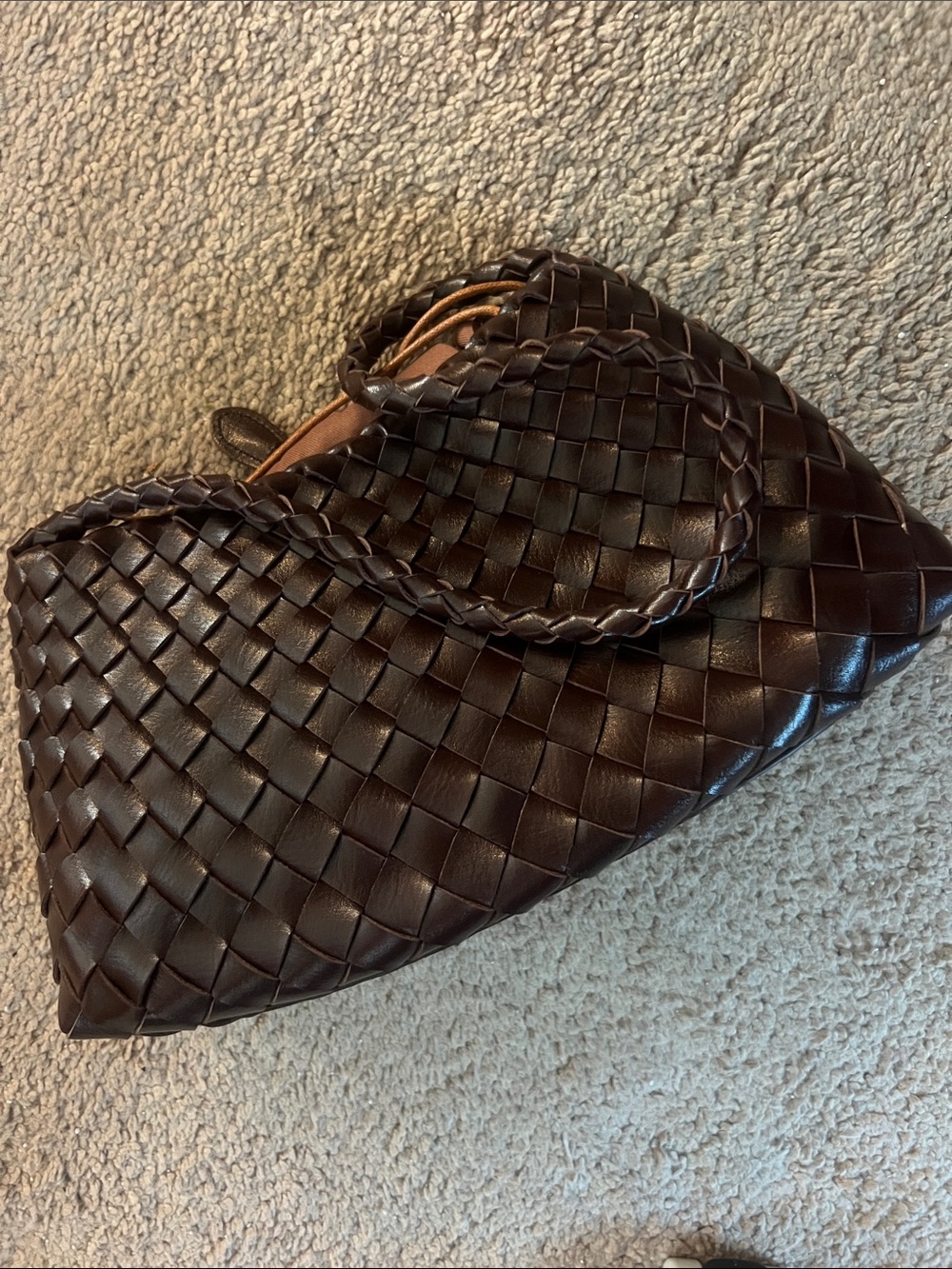 Woven Leather Shoulder Bag in Dark Brown